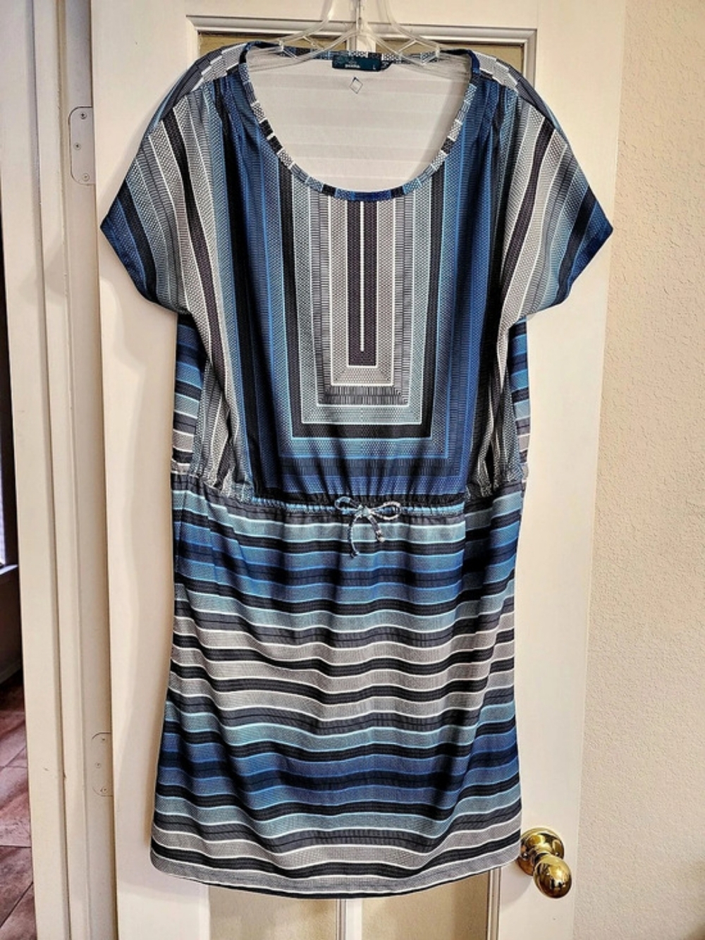 prAna Lindy Dress Large Mosaic Blue Geometric Drawstring